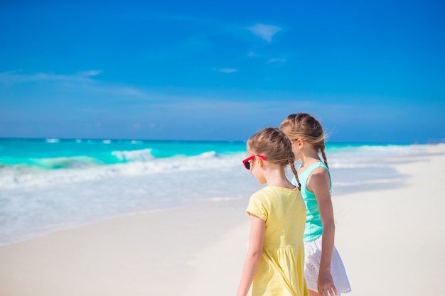 Маленькие девочки веселятся на тропическом пляже, играя вместе на берегу моря