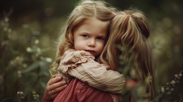 Photo little girls hugging in field