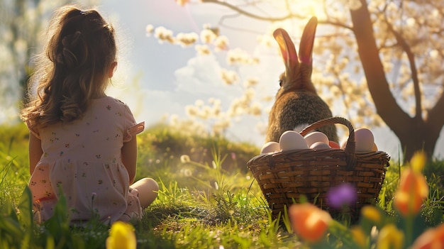 a little girls sitting on a grass watching a bunny holding a basket full of Easter egg generative ai