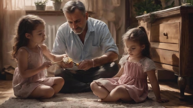 Little girls taking care of father