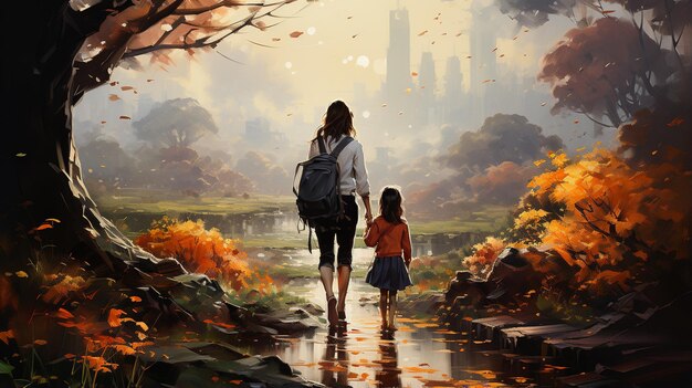 Photo little girls walking in autumn city street with backpack