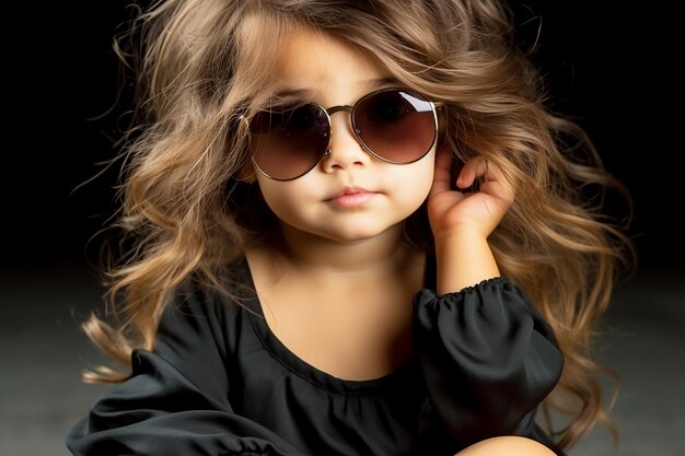 Фото Маленькая очаровательная девушка в солнцезащитных очках позирует и смотрит на фоновый крупный план студии камер