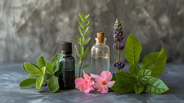 Photo little glass bottles adorned with floral sprigs generative ai