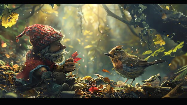 Photo little gnome sitting on the ground in the middle of the forest holding a red leaf in his hand a small bird is sitting on the ground in front of him