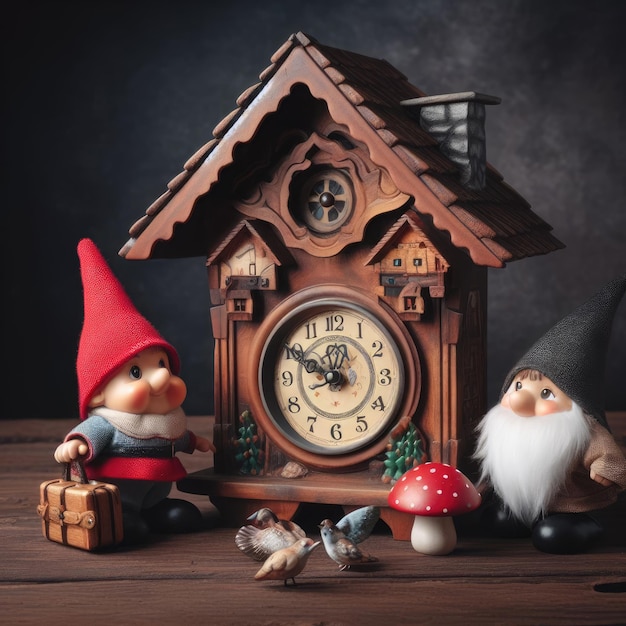 Little gnomes standing by a wooden clock