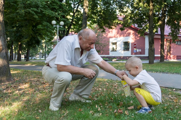 Маленький внук в желтых шортах бережно и с любовью кормит лысеющего дедушку попкорном из желтого стакана в парке развлечений