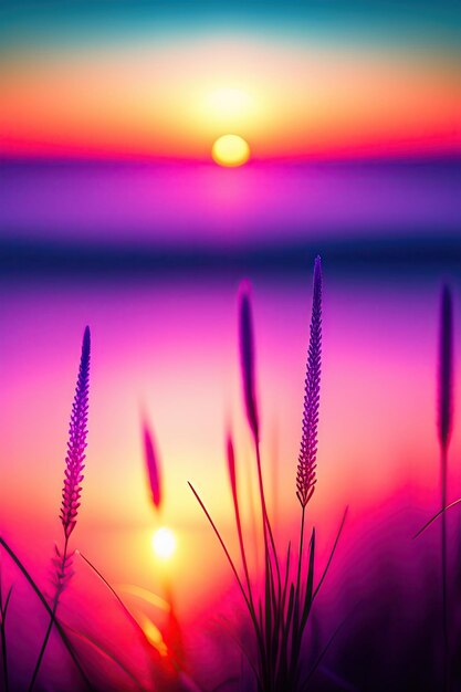 Little grass stem closeup with sunset over calm sea sun going down over horizon