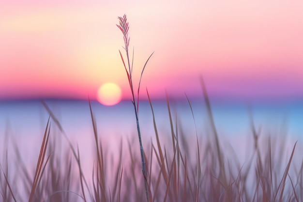 Photo little grass stem with sunset over calm sea