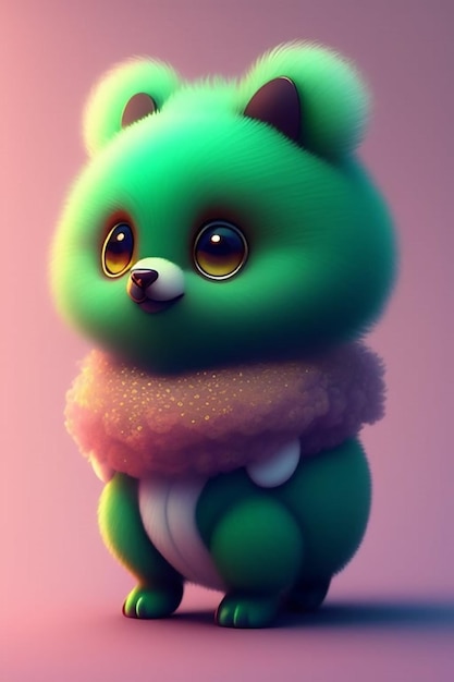 A little green dog with a pink collar and a pink fur collar.