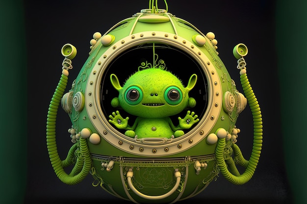 Little green infant monster in spacecraft with three eyes and tentacles