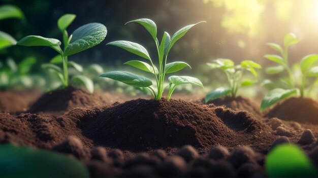 小さな緑色の苗が土に近づいて成長する 生成的なAI