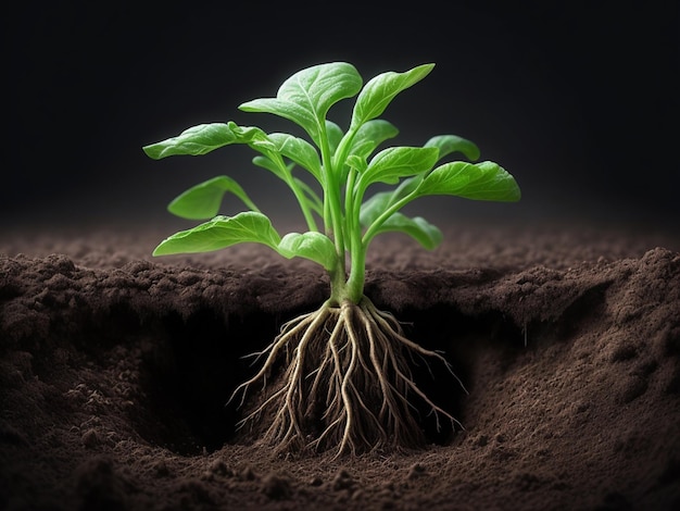 小さな緑色の苗が土に近づいて成長する 生成的なAI