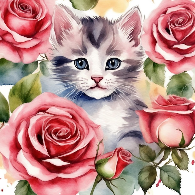 Little grey kitten with pink roses Watercolor hand painted isolated illustration