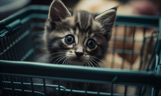 Little gunny kitty in cart Cute adorable pet in mini shopping cart generative ai