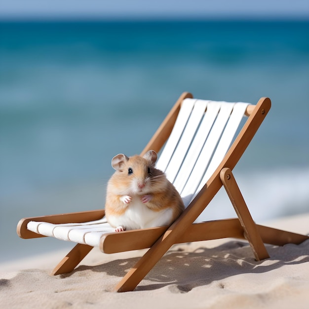 작은 햄스터가 해변의 긴 의자에 앉아 있다