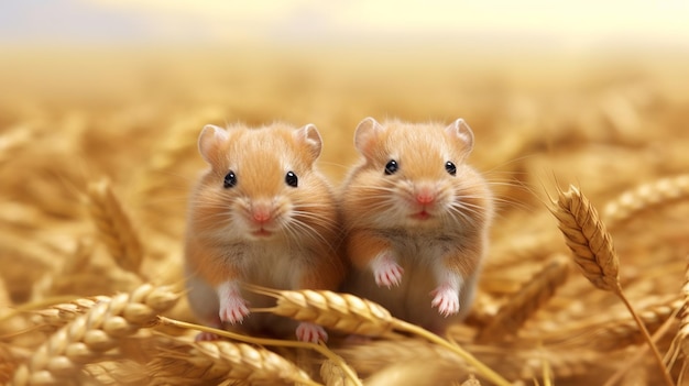 Little hamsters sitting in wheat ears closeup