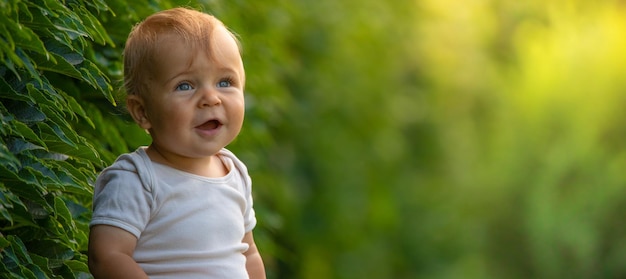 Little happy baby on green grass selective focus