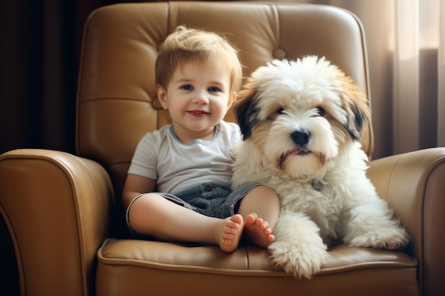 Маленький счастливый ребенок с милым щенком в кресле Игривый милый собачий друг Создать ИИ