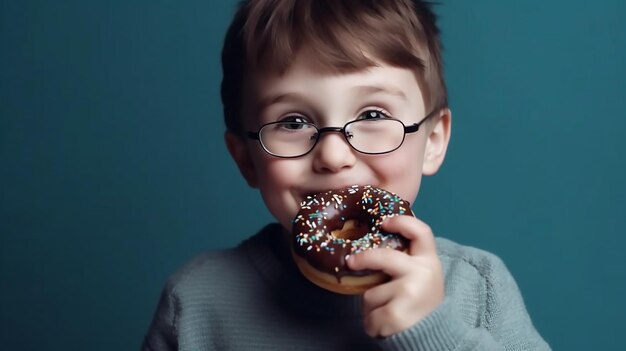 Little happy cute boy eats a donut on a blue wall background