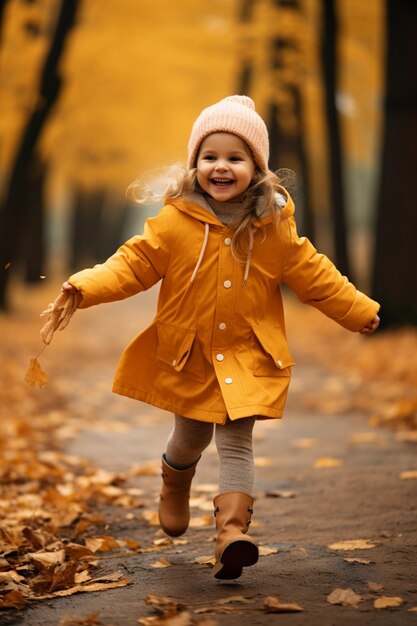 little happy girl is playing in the autumn park