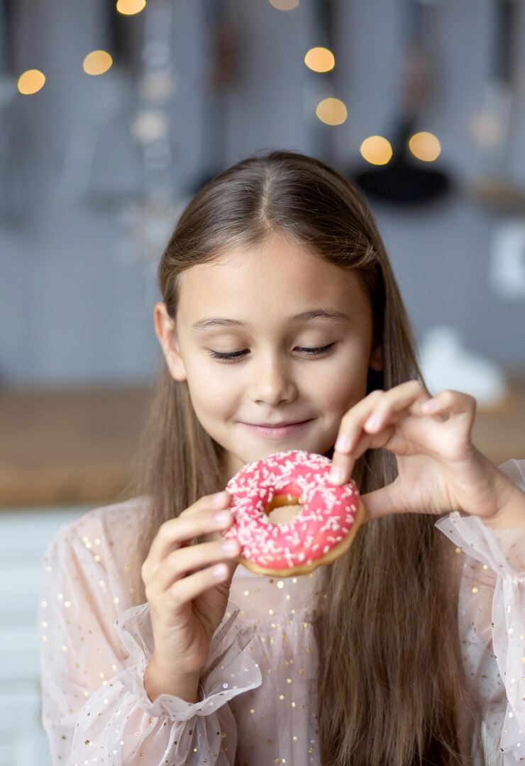 長 ⁇ の小さな幸せな女の子が ⁇ キッチンでピンクのアイシングでドーナツを食べています ⁇ 