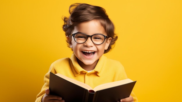 Little happy kid reading a book