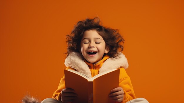 Photo little happy kid reading a book