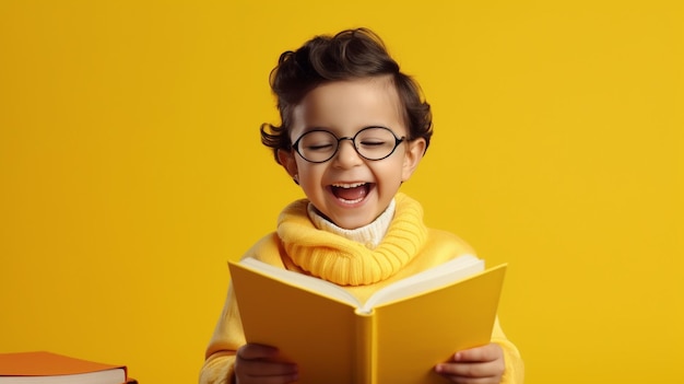 Little happy kid reading a book