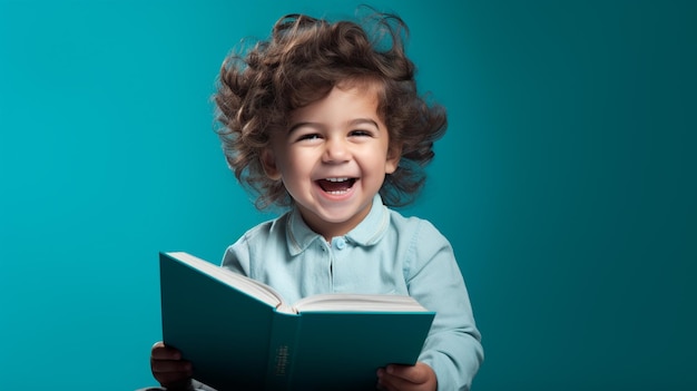 Little happy kid reading a book