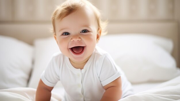 Photo little happy smiling baby bedroom day home life concept