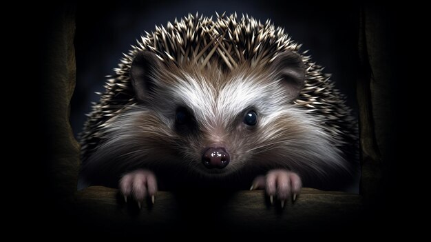 Photo a little hedgehog is sitting on a log on a ablack background generative ai