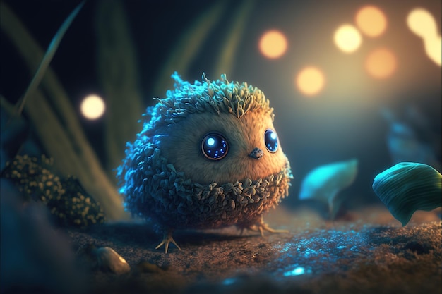 A little hedgehog with blue eyes is in the dark