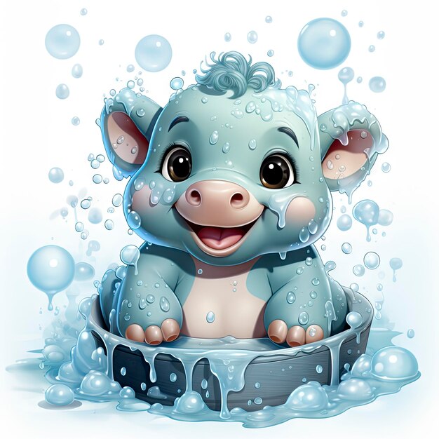 little hippopotamus bathing in a basin