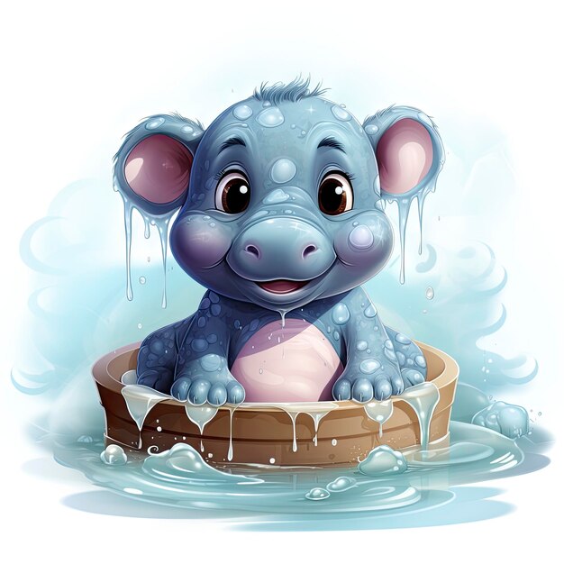 little hippopotamus bathing in a basin