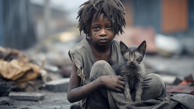 写真 little homeless dirty and hungry afro boy with a kitten outdoors closeup