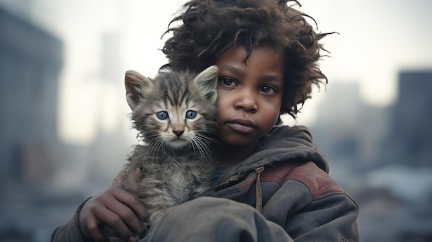 Little homeless dirty and hungry afro boy with a kitten outdoors closeup High quality photo