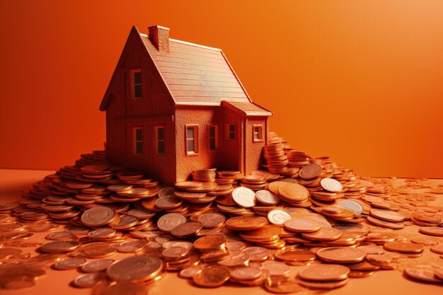 Foto piccola casa e monete illustrazione sfondo concetto di ricchezza ia generativa