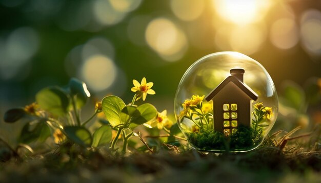 초록색 자연 배경에 노란색 꽃이 있는 유리 공의 작은 집