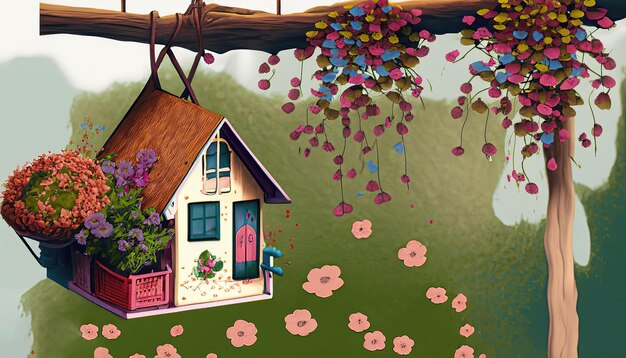 A little house in a glass jar with flowers background photo