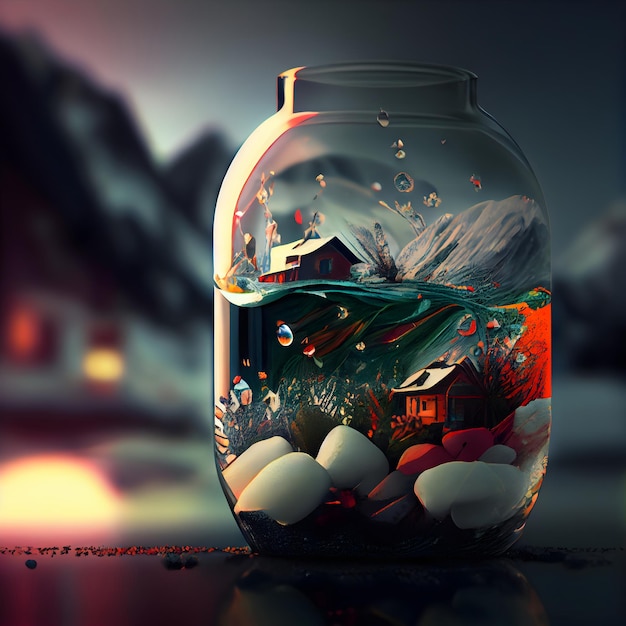 Little house in a glass jar with a heart inside 3d rendering