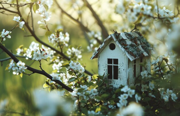 Photo a little house house rests on a blossoming tree