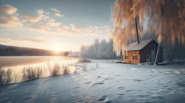 Little house in winter Illustration AI GenerativexA