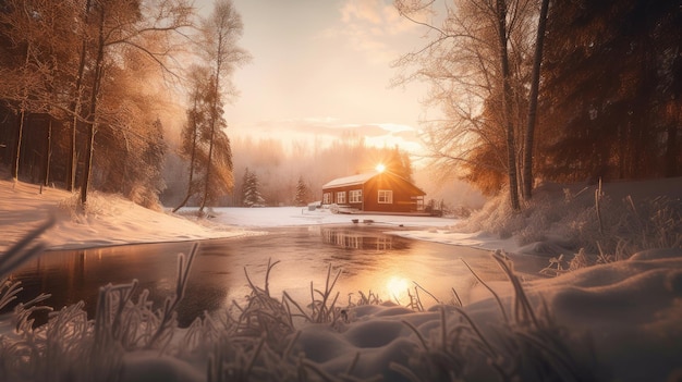 Little house in winter Illustration AI GenerativexA