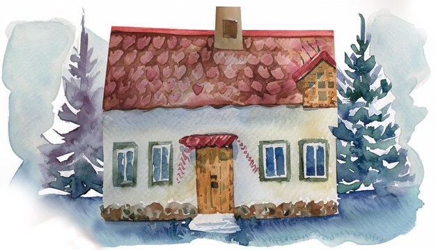 孤立した白地に水彩で描かれた冬の季節の小さな家