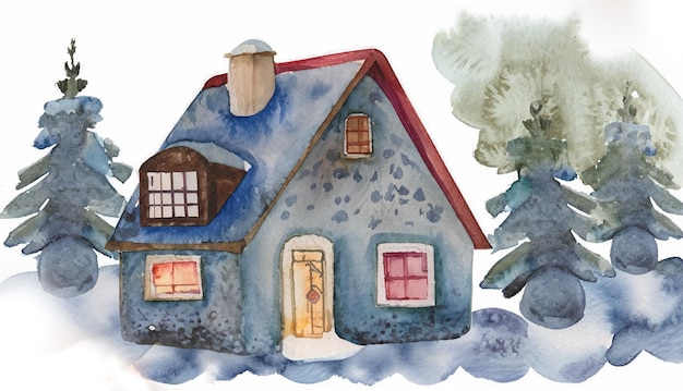 Photo little house in winter season painted in watercolor on a white isolated background