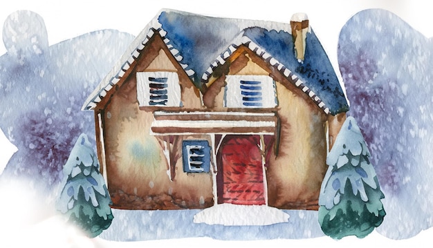 Photo little house in winter season painted in watercolor on a white isolated background