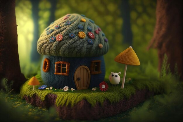 A little house with a mushroom roof and a sheep on it.