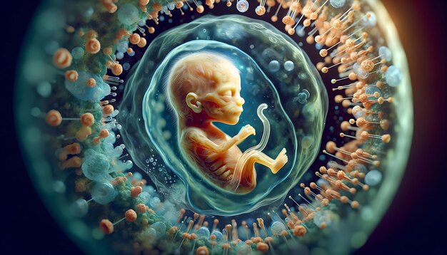 사진 어머니의 자궁 안에 있는 작은 인간 아기 작은 배아