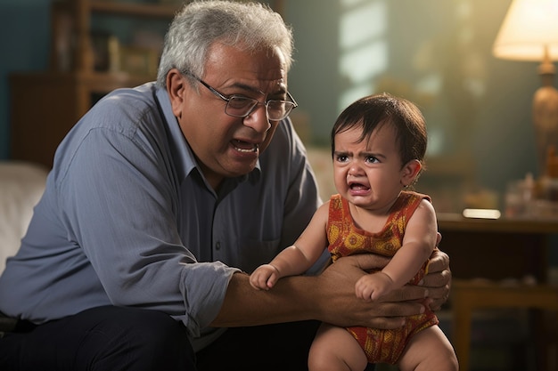 祖父の膝の上で泣いているインドのアジア人の少年