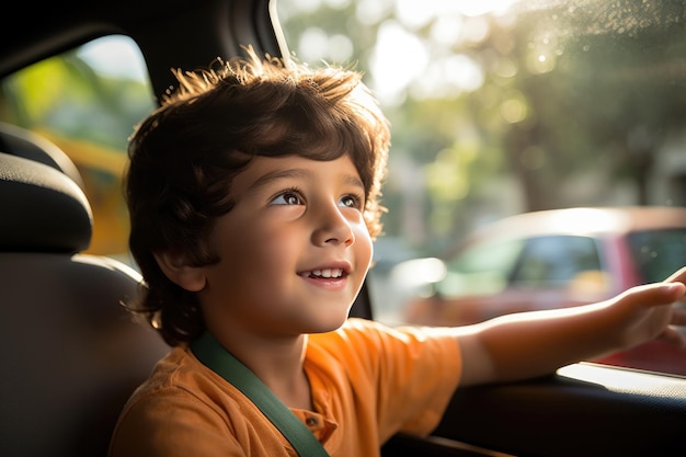 Маленький индийский мальчик смотрит в окно машины